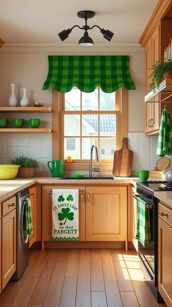 A bright kitchen decorated for St. Patrick's Day with green checkered valance, towels, and shamrock themed decor.