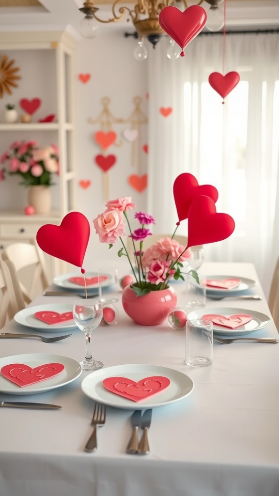 A beautifully arranged themed table setting for Valentine's Day with heart decorations, pink flowers, and romantic tableware.