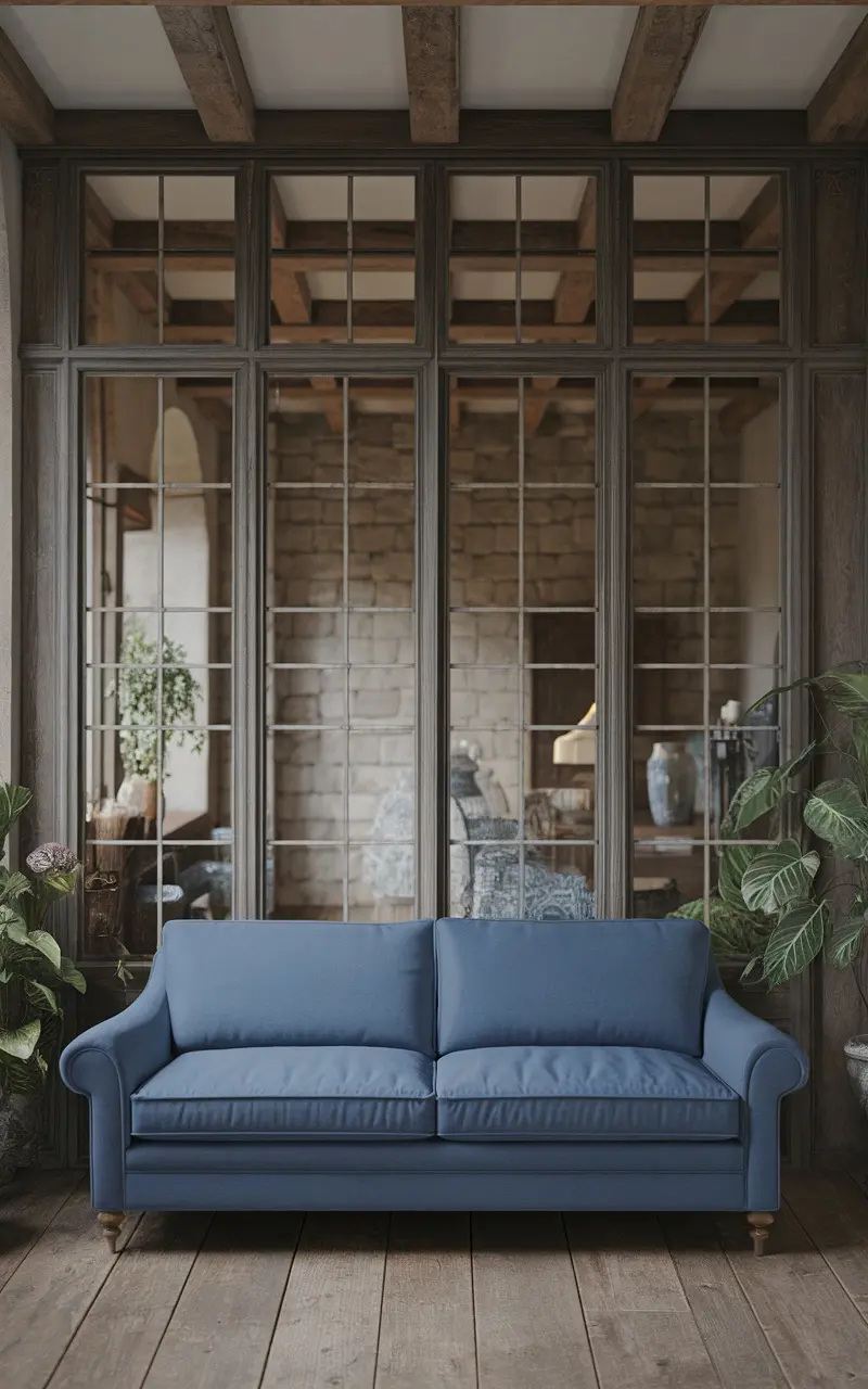 A blue couch in a historical living room with wooden beams and stone walls, surrounded by plants and natural light.