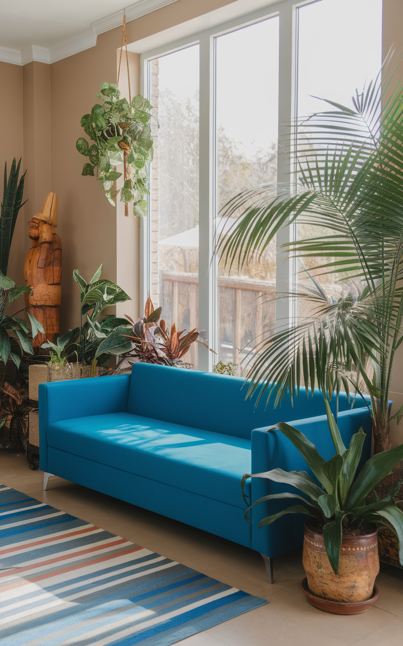 A bright blue couch surrounded by lush green plants in a stylish living room