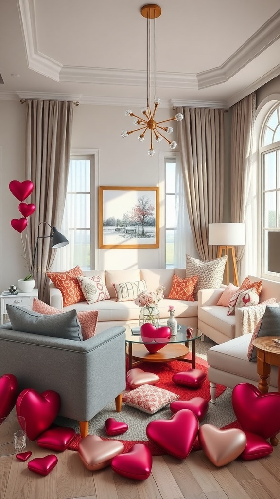 Cozy living room decorated with heart-shaped items for Valentine's Day