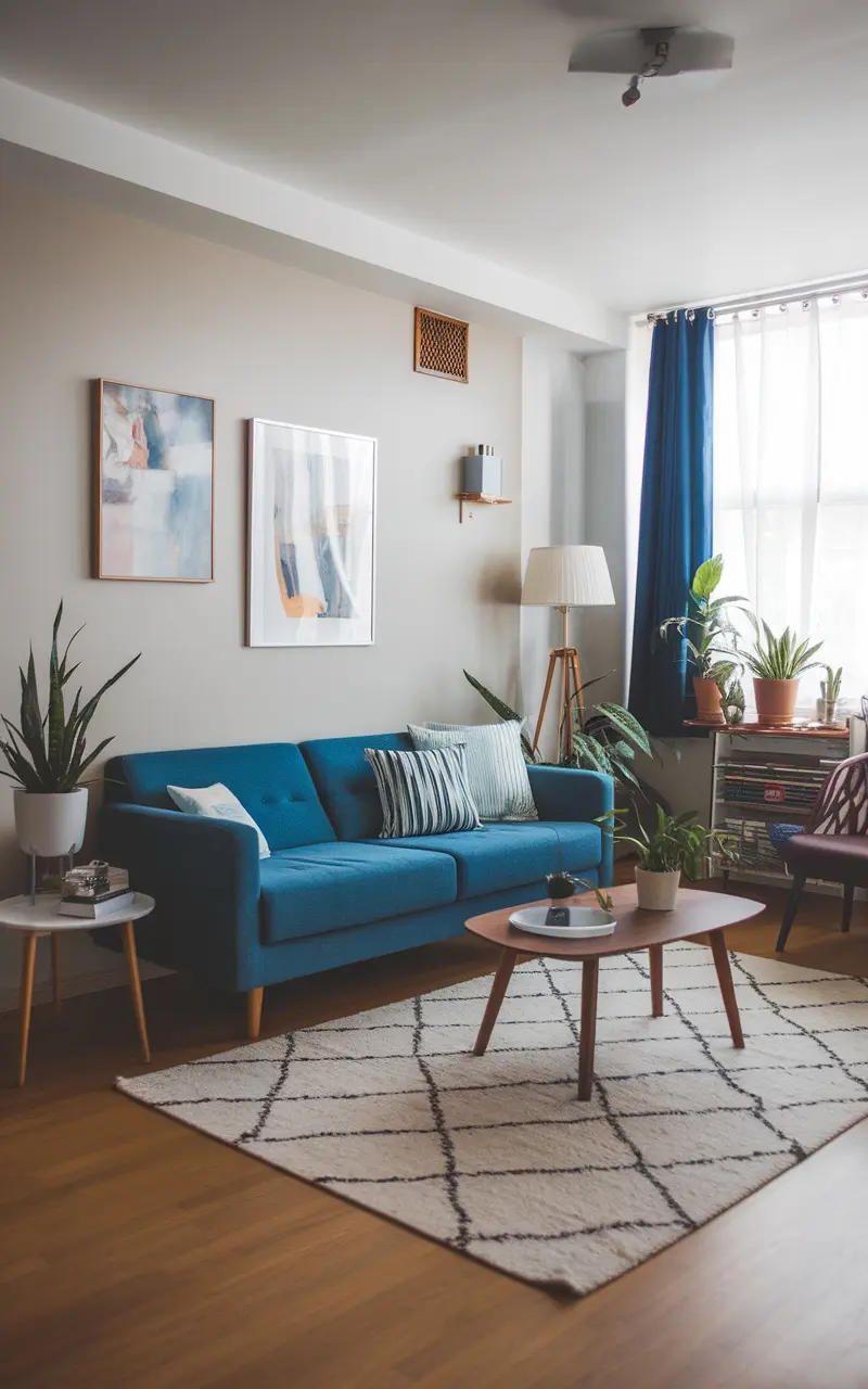 A stylish urban living room featuring a bright blue couch, decorative pillows, plants, and a cozy rug.