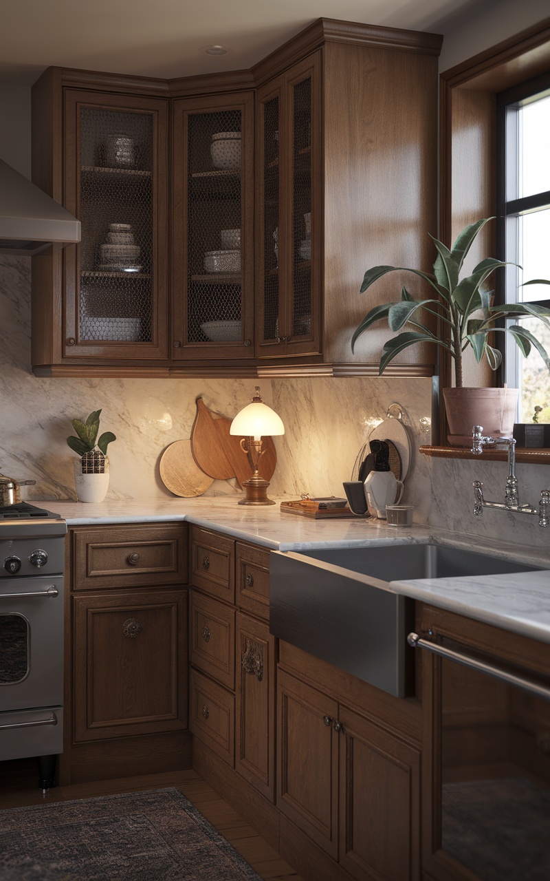 A cozy Scandi style kitchen featuring warm lighting, wooden cabinetry, and natural decor.