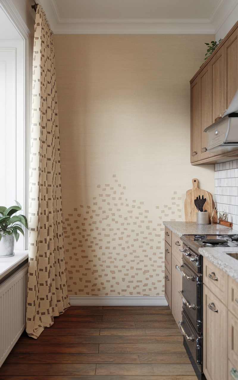 A cozy Scandi style kitchen corner featuring soft patterned wallpaper and curtains, wooden cabinets, and a neatly organized countertop.