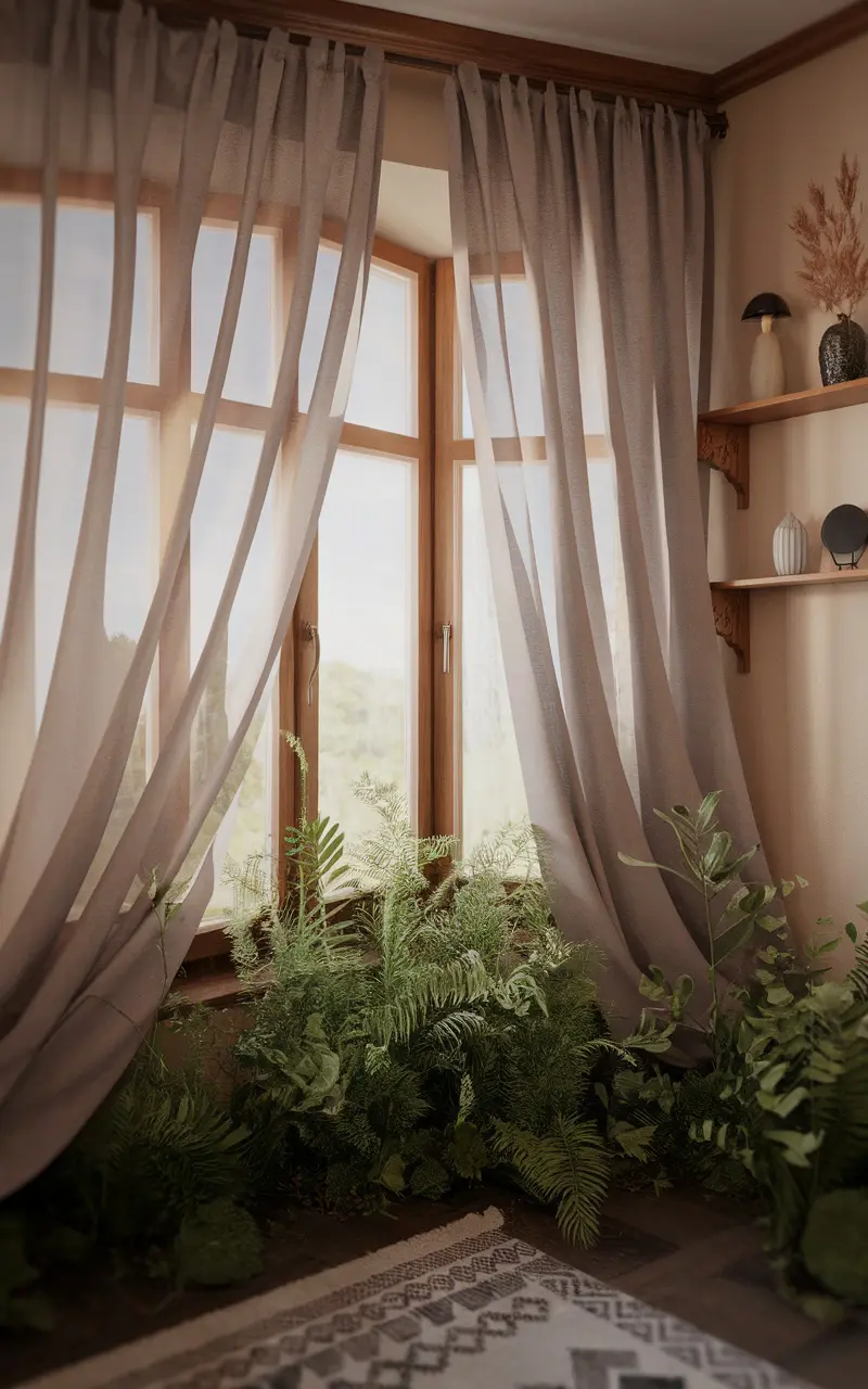 A cozy living room corner with sheer curtains framing a window, greenery below, and a warm atmosphere.