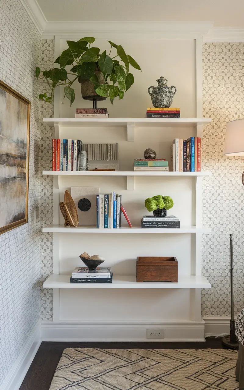 Decorative shelves in a living room corner displaying books, plants, and decorative items.