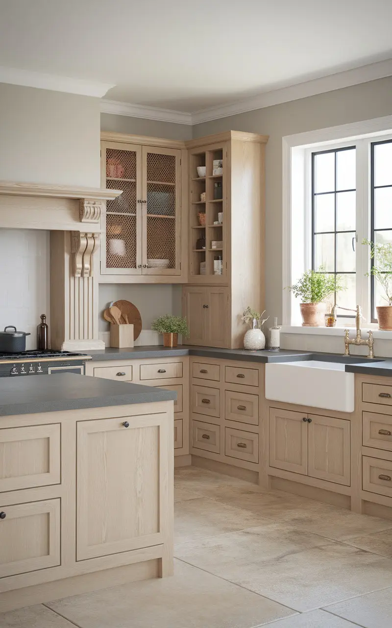 A Scandi style kitchen featuring light wood finishes, a dark countertop, and potted plants.