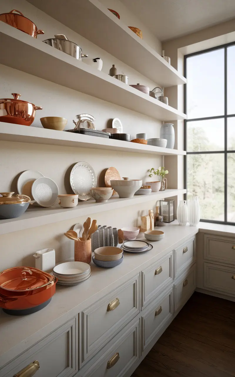 Open shelving in a Scandi style kitchen displaying pots, bowls, and kitchen utensils.