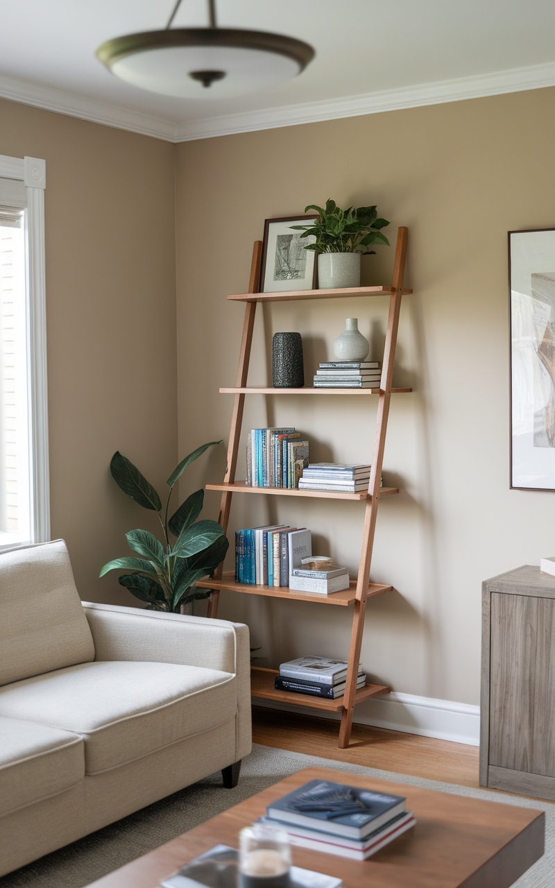 A stylish ladder shelf in a living room corner, displaying books, plants, and decorative items.