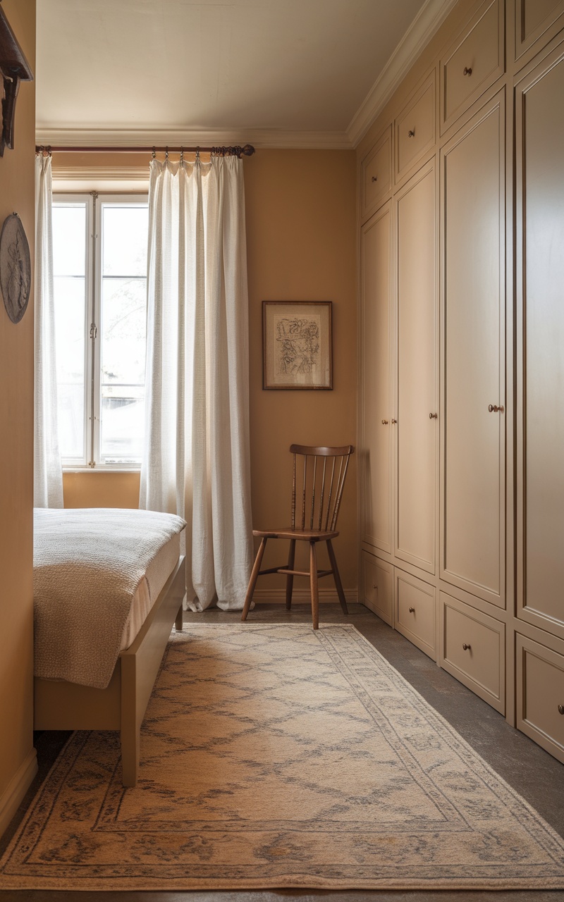 Cozy small beige bedroom with an area rug under the bed