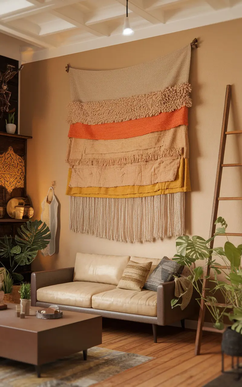 A living room corner featuring a fabric wall hanging in warm tones, with a beige couch and decorative plants.