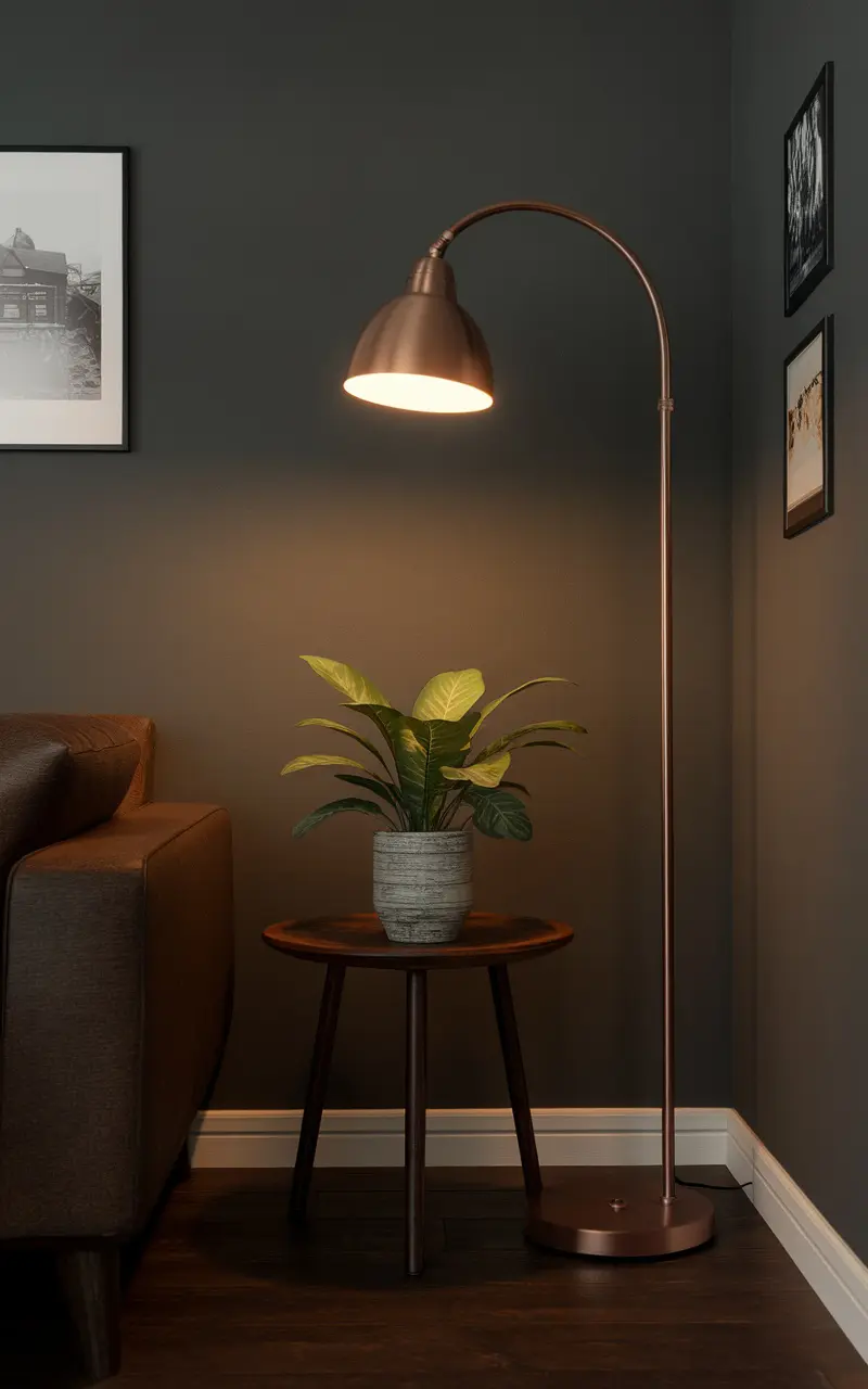 A stylish floor lamp in a living room corner beside a small plant on a side table, showcasing ambient lighting