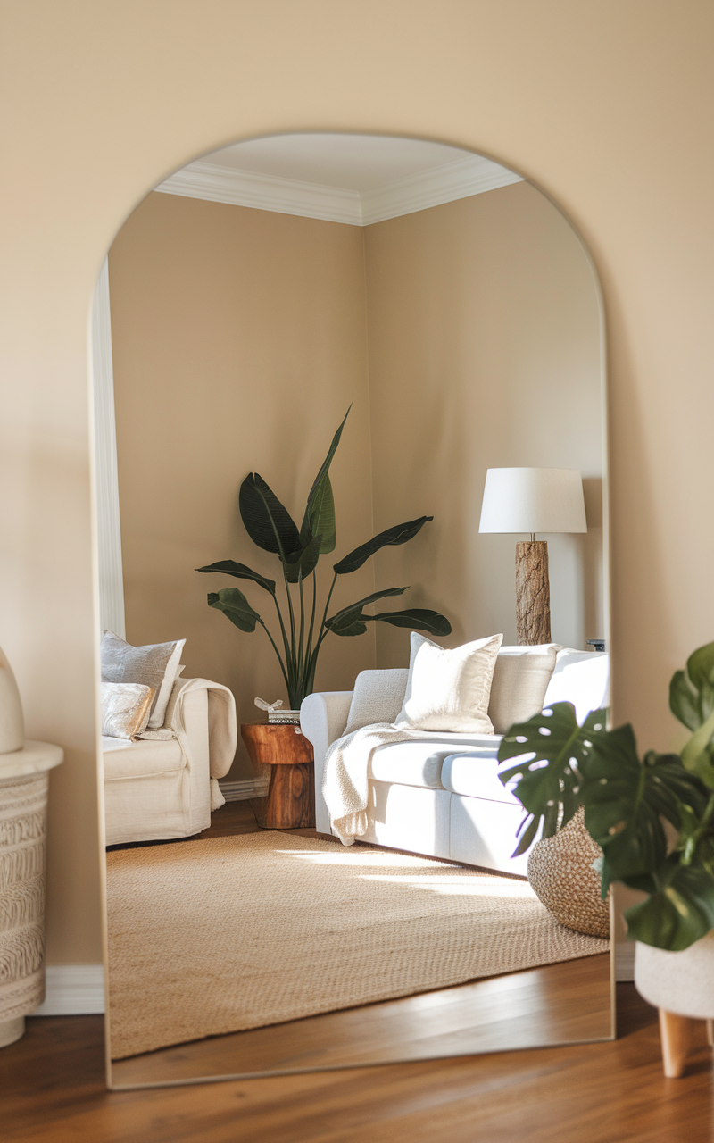 A beautifully decorated living room corner featuring a large ornate mirror reflecting light, adding depth and elegance to the space.