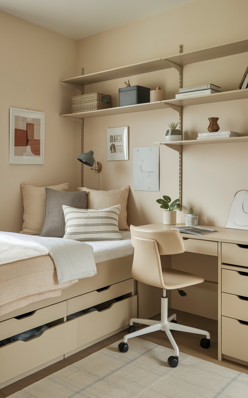 A cozy small beige bedroom featuring a compact bed with storage, shelves, and a desk.