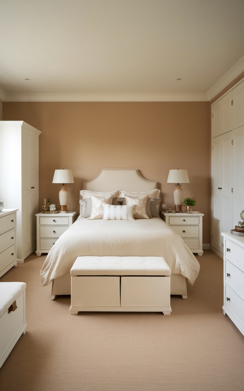 A cozy small beige bedroom with under-bed storage solutions