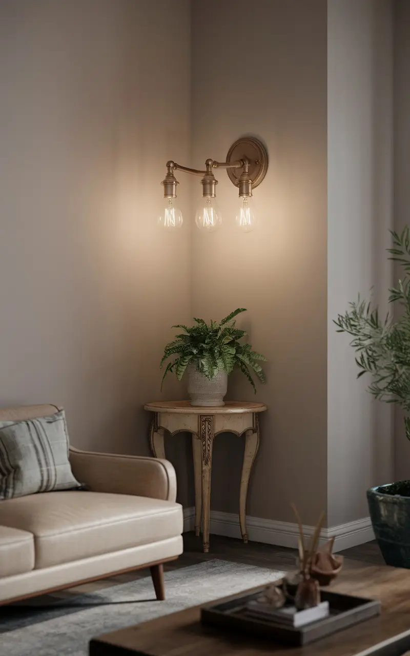 A cozy living room corner featuring wall-mounted lighting and a small table with a plant.