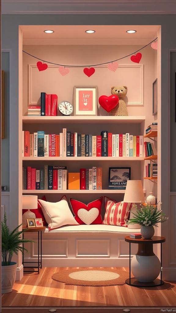 A cozy reading nook decorated for Valentine's Day with red and pink decor, books, cushions, and a teddy bear.