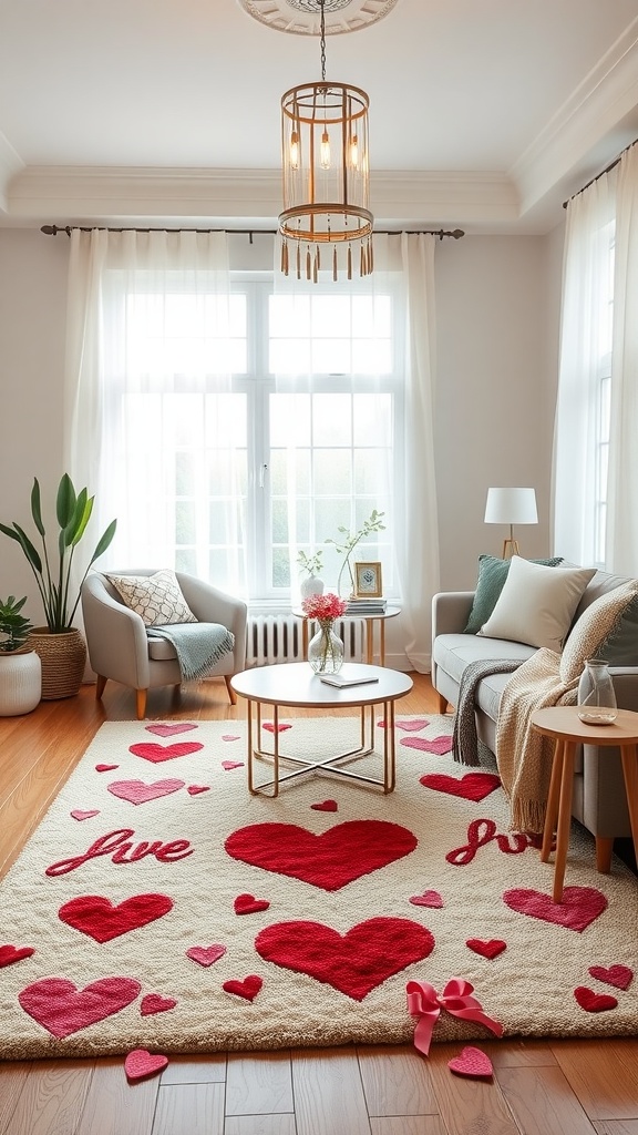 Cozy living room featuring a Valentine's Day-themed rug with hearts and the word 'love', complemented by soft furniture and warm decor.