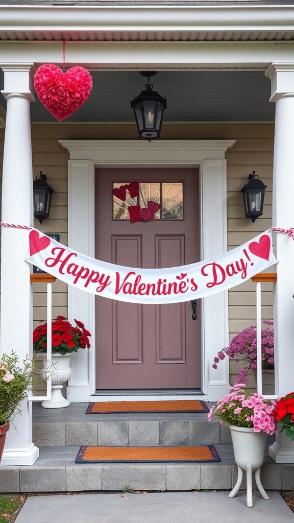 A Valentine's Day banner hanging on a porch, with heart decorations and flowers.