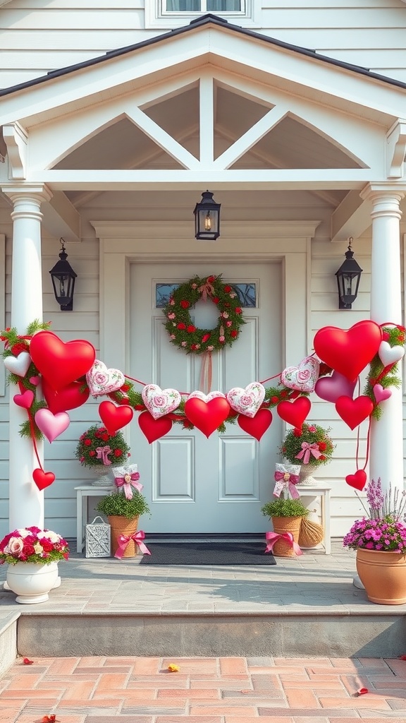 A festive Valentine's Day garland featuring red and pink hearts, adorning a front porch with potted plants and a welcoming atmosphere.