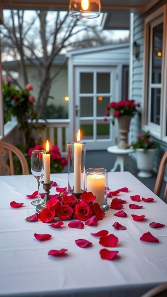 A romantic Valentine's Day table setting on a porch with candles, roses, and rose petals.