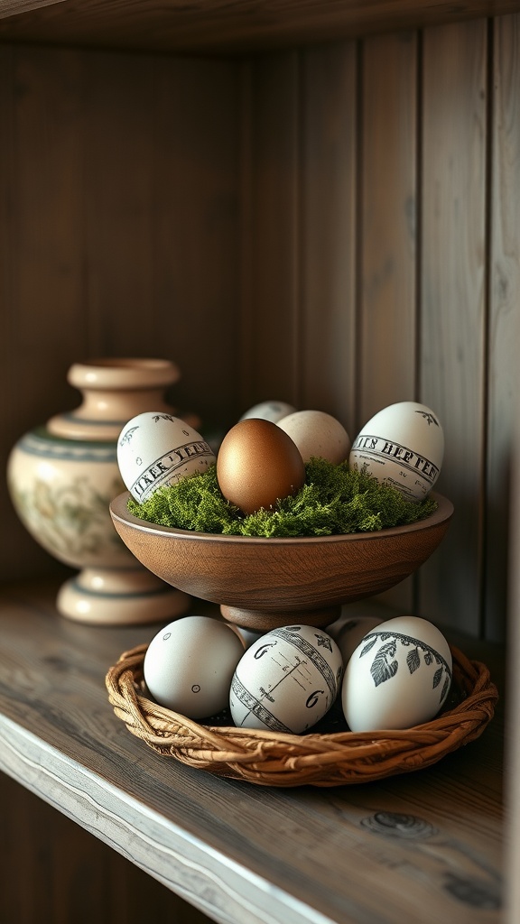 A vintage egg display featuring a rustic bowl with moss and various patterned eggs, complemented by a golden egg.