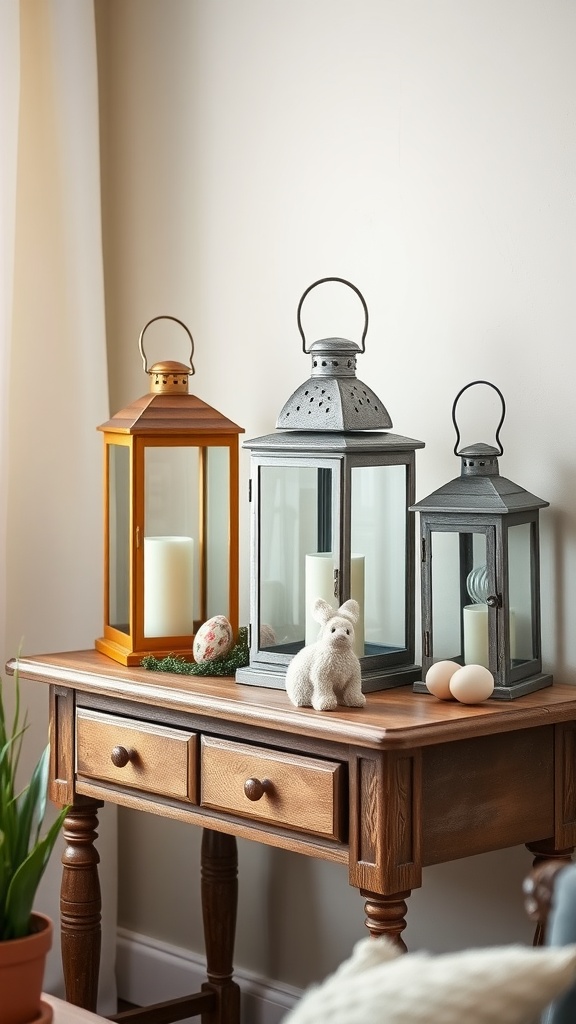 A table with vintage lanterns and Easter decorations.