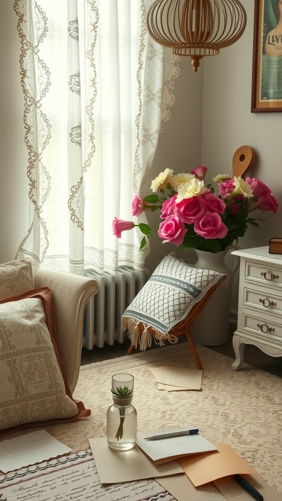 A cozy romantic corner with vintage decor, featuring a bouquet of flowers, lace curtains, and soft cushions.