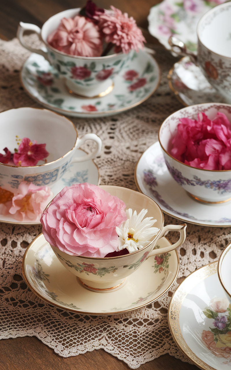 Vintage tea cups and a teapot arranged on a lace tablecloth, showcasing floral designs.