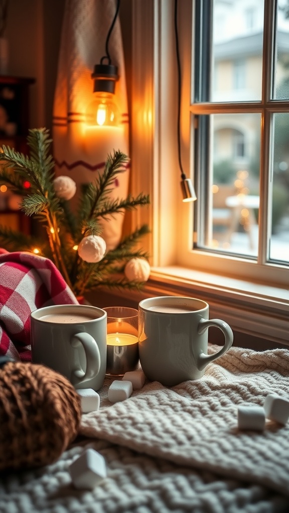 Cozy beverage corner with mugs, candle, and decorative elements for Valentine's Day.