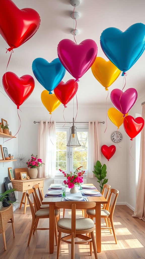 A cheerful dining area decorated with colorful heart-shaped balloons for Valentine's Day.