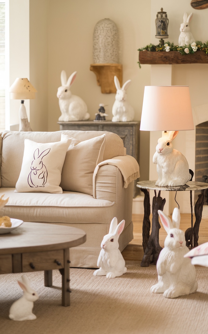 Cozy living room with whimsical bunny decor including figurines and a bunny-themed pillow.