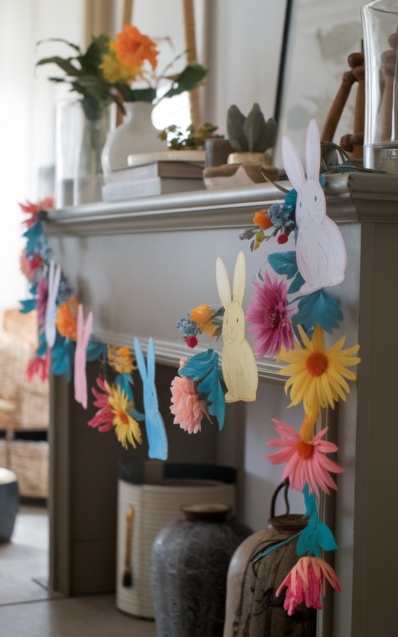 A colorful bunny garland with flowers, perfect for Easter decor