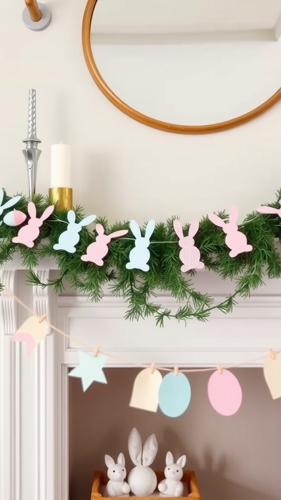 Whimsical bunny garland hanging above a fireplace, decorated for Easter.