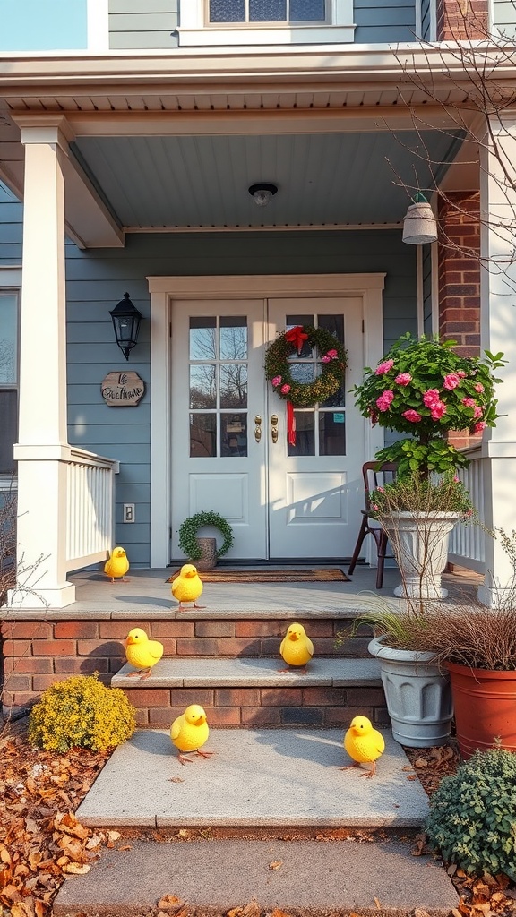 A cozy front porch with yellow chick decorations, a festive wreath, and potted plants