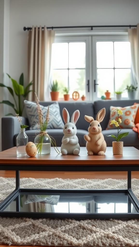 A cozy living room with two bunny figurines on a coffee table, surrounded by greenery and decorative Easter elements.