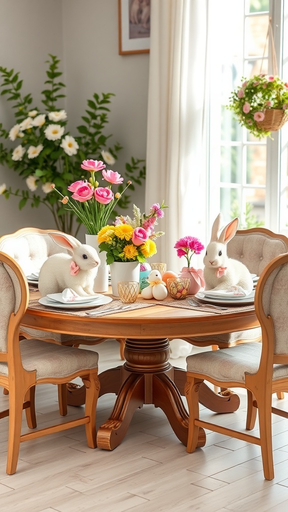 A whimsical tabletop scene with plush bunny decorations, colorful flowers, and Easter eggs on a wooden dining table