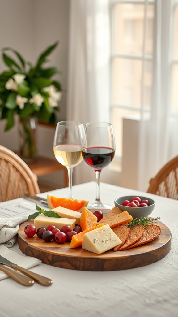 A wine and cheese setup featuring two glasses of wine, a cheese platter with assorted cheeses, red grapes, and slices of orange, set in a cozy dining area.