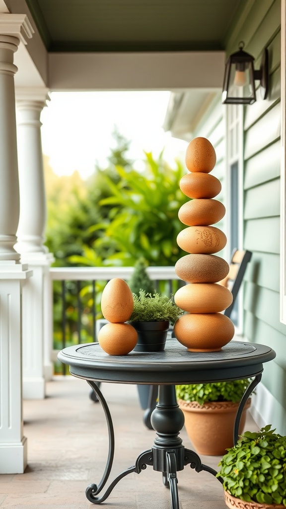 Decorative wooden egg stacks on a porch table surrounded by greenery.