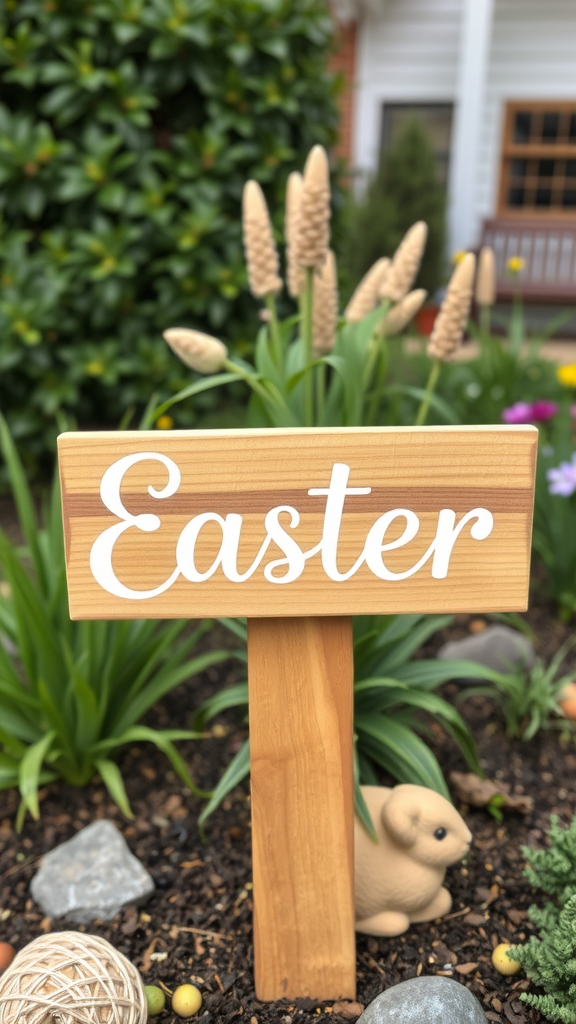 A wooden sign with an Easter quote in a garden filled with tulips and flowers