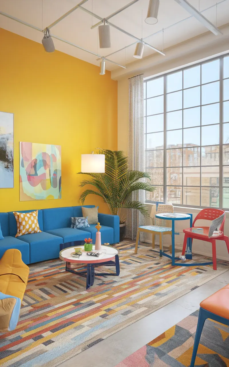 A colorful teen room featuring a blue couch, yellow walls, and eclectic decor.