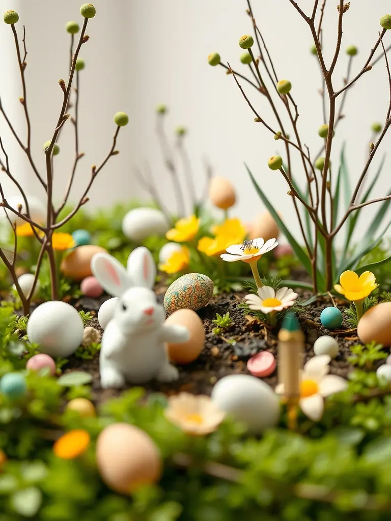 Miniature garden centerpiece featuring a white bunny, colorful eggs, and flowers in a spring setting.