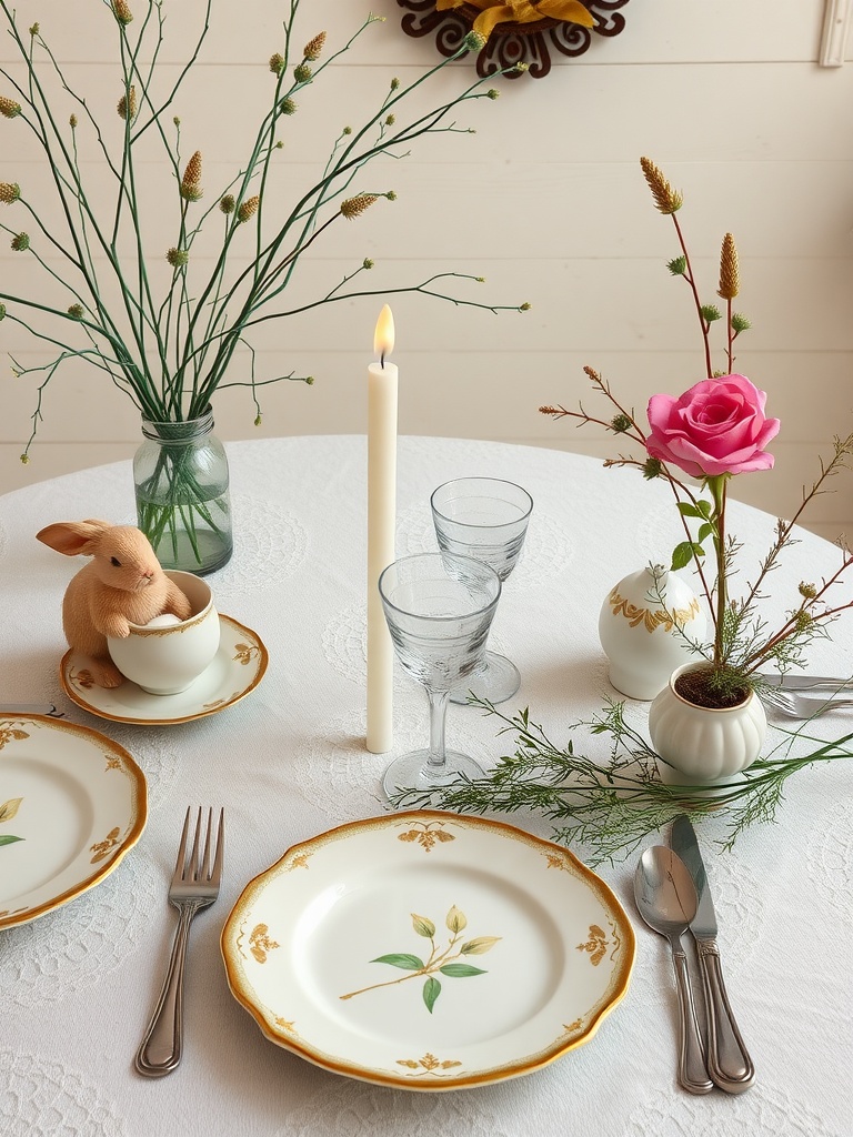 A vintage-inspired Easter tablescape featuring elegant plates, glassware, a pink rose, and a cute bunny decoration.