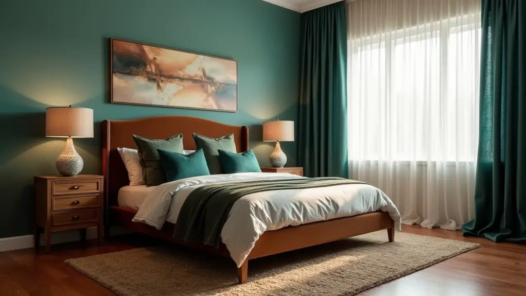 cozy teal and brown bedroom